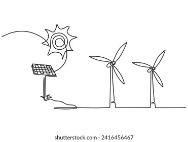 Solar panel photovoltaic and windmill for green energy generation. Continuous one single line art drawing minimalist.