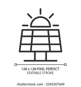 Solar panel pixel perfect linear icon. Photovoltaic. Alternative source of energy. Power device for home. Thin line illustration. Contour symbol. Vector outline drawing. Editable stroke