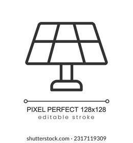 Solar panel pixel perfect linear icon. Renewable sun energy. Electricity power generation. Thin line illustration. Contour symbol. Vector outline drawing. Editable stroke. Poppins font used