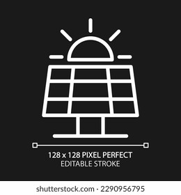 Solar panel pixel perfect white linear icon for dark theme. Photovoltaic. Alternative source of energy. Power device. Thin line illustration. Isolated symbol for night mode. Editable stroke