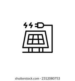 Solar panel and plug with thunder electric energy. Vector line icon black and white with green eco energy theme