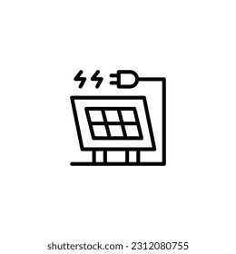 Solar panel and plug with thunder electric energy. Vector line icon black and white with green eco energy theme