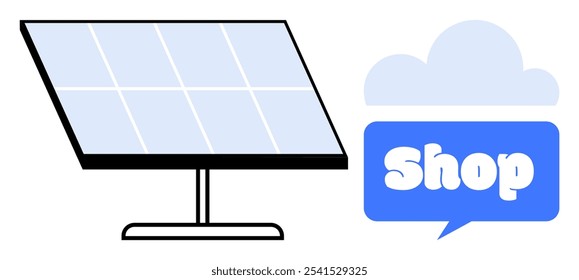 Um painel solar é posicionado ao lado de um sinal azul em forma de nuvem com a palavra Shop em texto branco. Ideal para promover a energia renovável, compras sustentáveis, produtos ecológicos, tecnologia verde