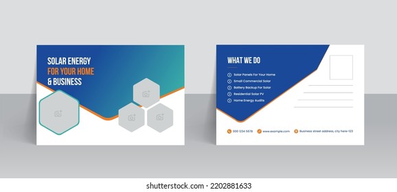 Solar panel postcard template and green energy professional layout design