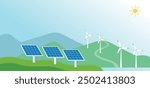 Solar panel power plant renewable energy sustainable energy generation with windmill wind fans electricity system