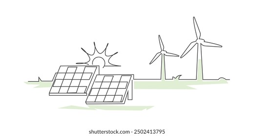 Solar panel power plant renewable energy sustainable energy generation with windmill wind fans electricity system