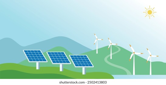 Solar panel power plant renewable energy sustainable energy generation with windmill wind fans electricity system