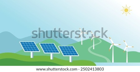 Solar panel power plant renewable energy sustainable energy generation with windmill wind fans electricity system