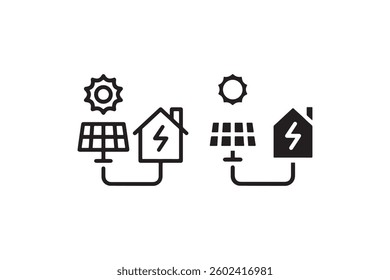 Solar panel powering home icon in black and white Vector