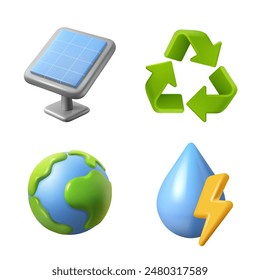 Panel solar, símbolo de reciclaje, planeta Tierra, gota de agua con el rayo aislado. Conjunto de iconos de Vector 3D de entorno. Concepto de energía verde