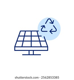 Solar panel and recycling arrows. Sustainable energy, use of recycled materials for battery production. Eco-conscious technology. Pixel perfect, editable stroke icon