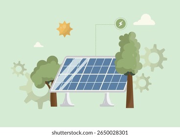 Painel solar de energia renovável. Conceito de geração de energia limpa. Tecnologia verde. Energias renováveis. Tecnologia de energia sustentável. Conceito de painel solar. Design plano. Ilustração vetorial