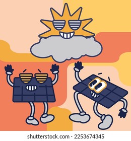 Solar panel retro vintage style vector illustration isolated. Ecological alternative electricity power of future. Solar energy for kids cartoon funny style. 50th 60th 70th hero image. 