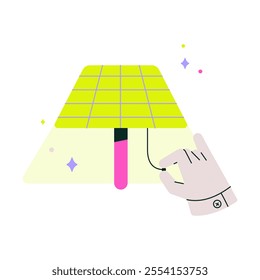 Solar Panel With Robotic Hand Activating Switch In Flat Vector Illustration Symbolizing Renewable Energy, Automation, And Sustainability, Isolated On White Background