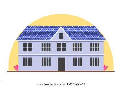 Solar Panel roof in a big house or mansion vector illustration design. Green energy electricity concept element.  Can be used for web and mobile development suitable for infographic