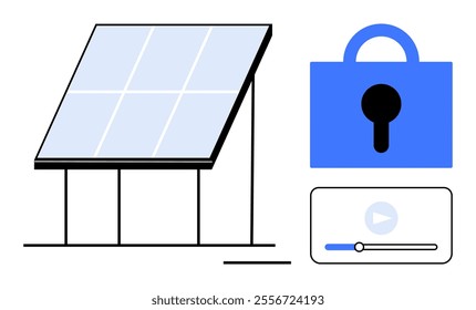 Solar panel with security lock icon and video player interface. Ideal for renewable energy, security, technology demonstrations, instructional videos, and green tech presentations. Modern minimalist