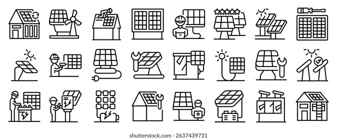 Solar panel service icons set. Collection of icons representing solar panel installation, maintenance, and various applications in residential and commercial settings