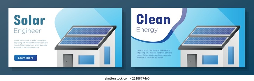 Solar panel service online banner template set, sustainable energy corporate advertisement, horizontal ad, house with solar panel on roof campaign webpage, creative flyer, brochure, isolated.