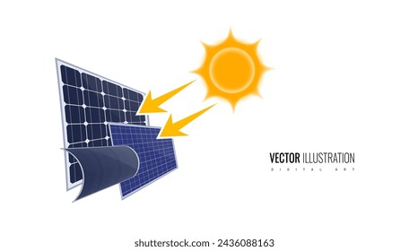 Solar panel set with sun rays. Infographic of a solar panel as an element for designs in the concept of alternative green energy. Vector illustration of energy efficient technology