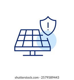 Solar panel, shield and exclamation mark. Safety in alternative energy sources, eco friendly power production. Pixel perfect, editable stroke icon