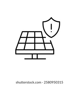 Solar panel, shield and exclamation mark. Safety in alternative energy sources, eco friendly power production. Pixel perfect vector icon