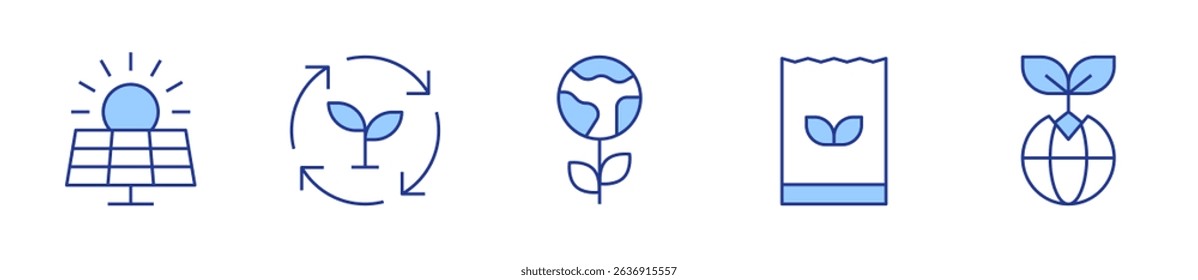 solar panel, shopping bag, sustainability, earth, green planet. Sustainability Icon vector illustration. Line Duotone style. Editable stroke.