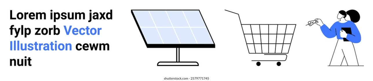 Solar panel, shopping cart, and person pointing with a clipboard. Ideal for renewable energy, e-commerce, digital marketing, modern design, and technology themes. Banner for landing page