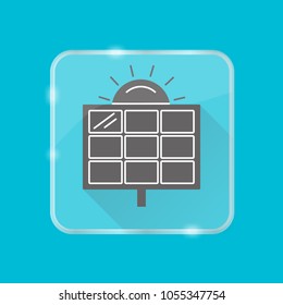 Solar panel silhouette icon with long shadow in flat style on transparent button. Alternative renewable energy source symbol isolated.