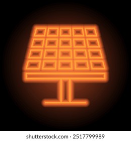 Solar panel simple icon. Flat design. Orange neon on black background.ai