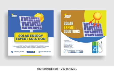 Solarpanel Social Media Post Banner und quadratischer Flyer oder Poster Vorlage Set, Solar-Energie-Installationsservice Werbegestaltung