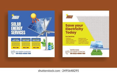 Solar panel social media post banner and square flyer or poster template set, solar energy installation service promotional advertising design