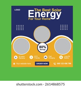 Solar panel social media post template banner design, green solar power layout template