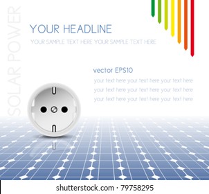 Solar Panel With Socket, Outlet - Photovoltaic Technology - Abstract Electricity Background - Green Power Concept With Energy Efficiency Scale - Eco Design - Vector, Eps10