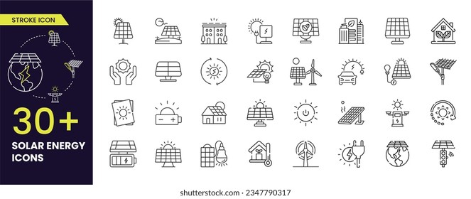 Solar panel stroke icon set with sun power home systems and renewable electric energy technology editable stroke line signs: house, cell, battery, vehicle.