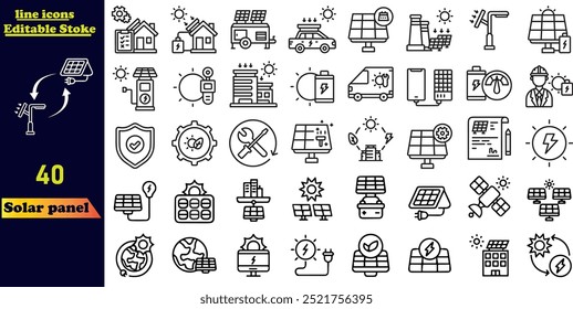 Solar panel stroke icon set featuring sun-powered home systems and renewable electric energy technology. Includes editable line icons such as house, solar cell, battery, and electric vehicle.
