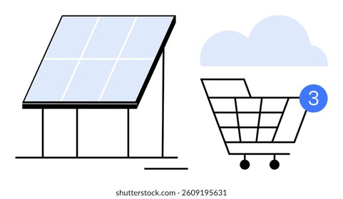 Solar panel structure next to a shopping cart with three notifications under a cloud. Ideal for e-commerce, sustainability, renewable energy, technology, online shopping, digital marketing