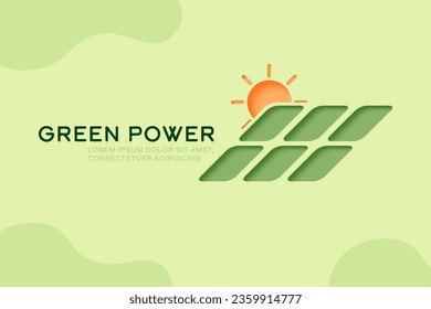 Solar panel and Sun, 3D paper art style. Renewable energy and Sustainability concept.Banner template background. Vector illustration.