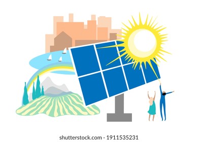 Solar panel and sun. Alternative energy, clean environment in urban city and agriculture. Ecological concept. Simple flat design. Cartoon style vector illustration.