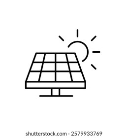 Solar panel and sun. Alternative sources. Renewable energy, electricity power. Sustainable eco-friendly living. Pixel perfect vector icon