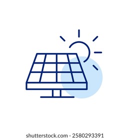 Solar panel and sun. Alternative sources. Renewable energy, electricity power. Sustainable eco-friendly living. Pixel perfect, editable stroke icon