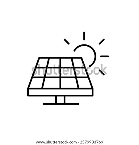 Solar panel and sun. Alternative sources. Renewable energy, electricity power. Sustainable eco-friendly living. Pixel perfect vector icon