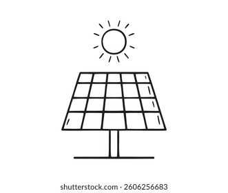 solar panel and sun doodle hand drawn icon. Outline drawing solar panel and sun line clipart symbol. Vector illustration