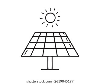 Panel solar e icono dibujado a mano del garabato del sol. Esquema del panel solar y el símbolo del Clipart de la línea del sol. Ilustración vectorial