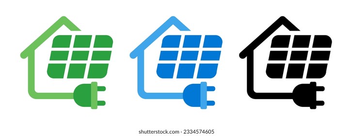 Solar panel sun energy for home house power electricity icon set green blue black symbol