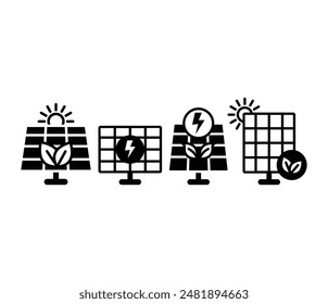 solar panel sun energy icons symbol vector design black white color simple flat illustration collection set isolated