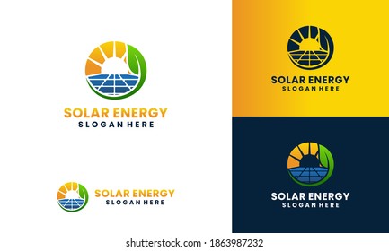solar panel and sun energy logo with leaf concept logo design template