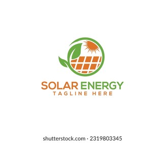 Solarpaneele und natürliches Logo-Design für Sonnenenergie. Sun-, Blatt- und Solarpaneelen-Premiumvektorgrafik.