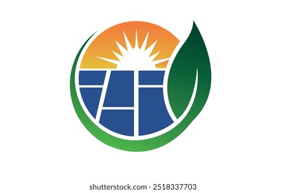 Painel solar e energia solar design de logotipo natural. Ilustração do vetor premium do sol, folha e painel solar.