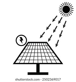 Solar panel and sun icon in grey scale isolated on white background.