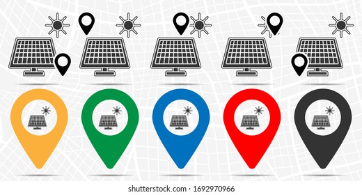 Solar panel and sun icon in location set. Simple glyph, flat illustration element of sustainable energy theme icons